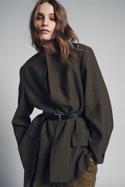 ZARA БЛЕЙЗЕР В ПОЛОСКУ С ПОЯСОМ — ZW COLLECTION, ХАКИ