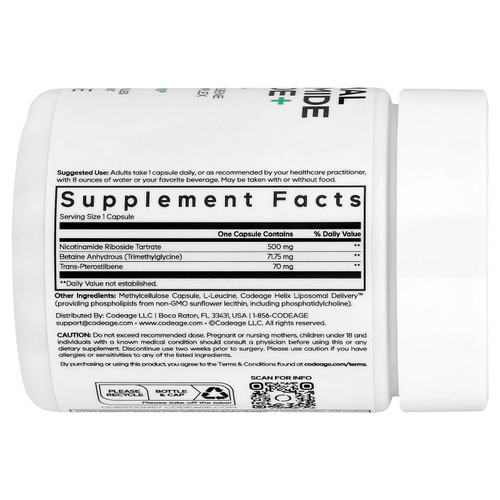 Codeage, липосомальный никотинамид рибозид+, 60 растительных капсул