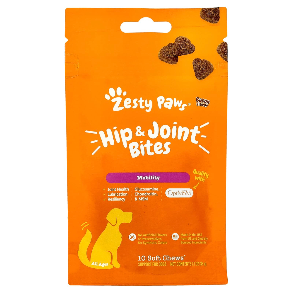 Zesty Paws, Прикусывание бедер и суставов, для собак, для всех возрастов, бекон, 10 жевательных таблеток, 35 г (1,2 унции)