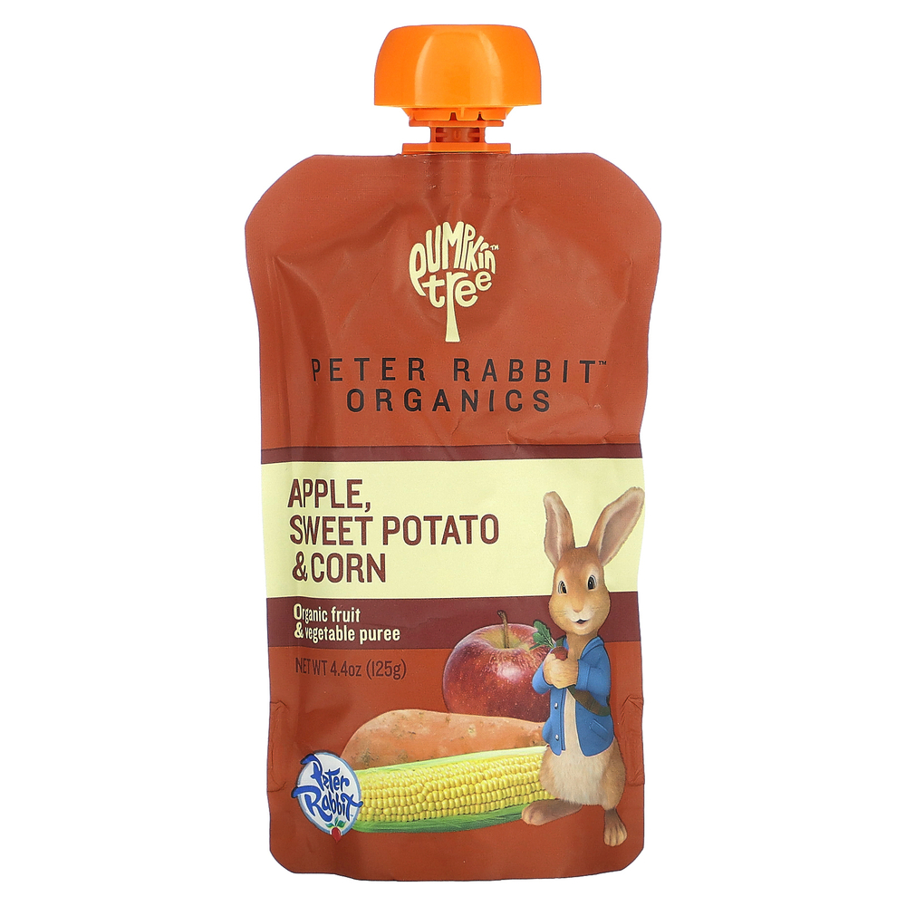 Pumpkin Tree Organics, Peter Rabbit Organics, органическое фруктовое и овощное пюре, яблоко, батат и кукуруза, 125 г (4,4 унции)