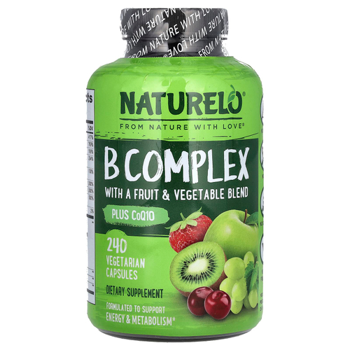 NATURELO, Комплекс витаминов группы B со смесью фруктов и овощей, плюс коэнзим Q10, 240 вегетарианских капсул