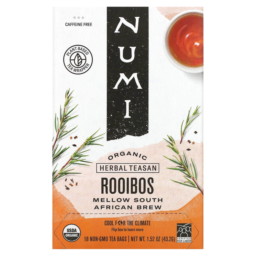 Numi Tea, Organic Herbal Teasan, ройбуш, без кофеина, 18 чайных пакетиков без ГМО, 43,2 г (1,52 унции)