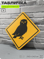 Табличка прикольная "Осторожно, сова" на дверь и стену, информационная и предупреждающая, декоративный знак, 24,5х24,5 см, пластиковая, Айдентика Технолоджи