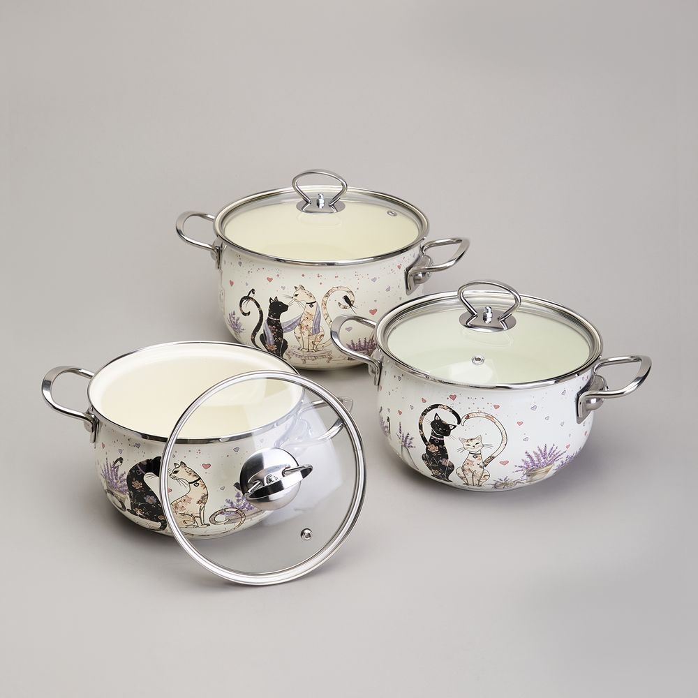 НАБОР КАСТРЮЛЬ ЭМАЛИРОВАННЫЙ, СЕРИЯ "LAVENDER CATS 6ПР. 2,0/2,8/3,8Л ДИА.18/20/22СМ