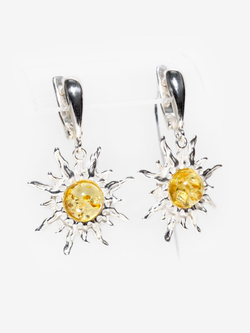 Серебряные серьги с цельным янтарем "Солнце", серебро 925 пробы