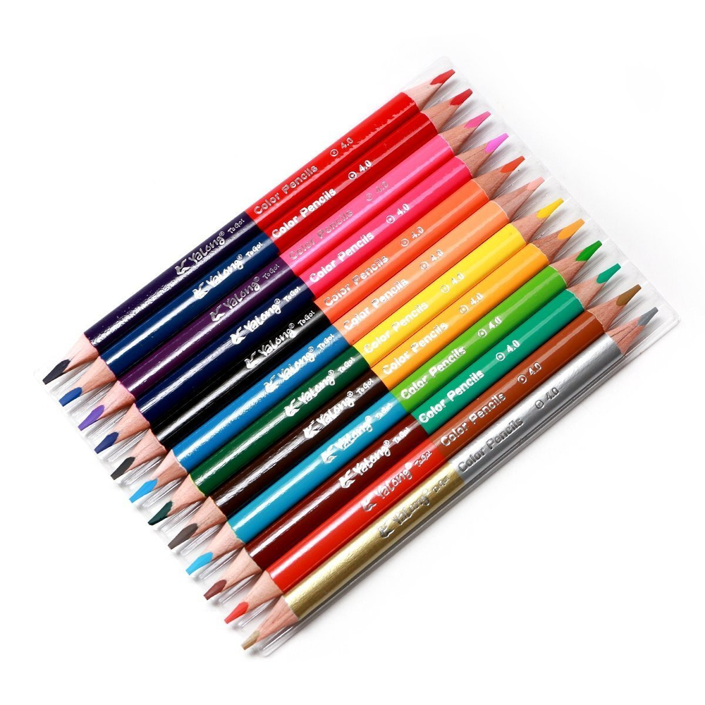 Карандаши цветные двусторонние утолщенные Yalong 12/24 цв., "Узоры-4. Jumbo" деревянные, трехгранные, заточенные, золото+серебро, грифель 4.0 мм, картон. уп., европод.