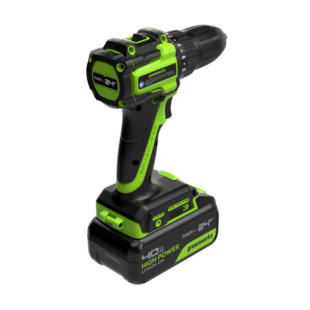 Дрель-шуруповерт акк. Greenworks DD345, 24V, б/щет, 27/45 Нм, 0-450 / 0-1850 об/мин, 13мм, 1х4Ач, ЗУ, кор (3708307CUB)