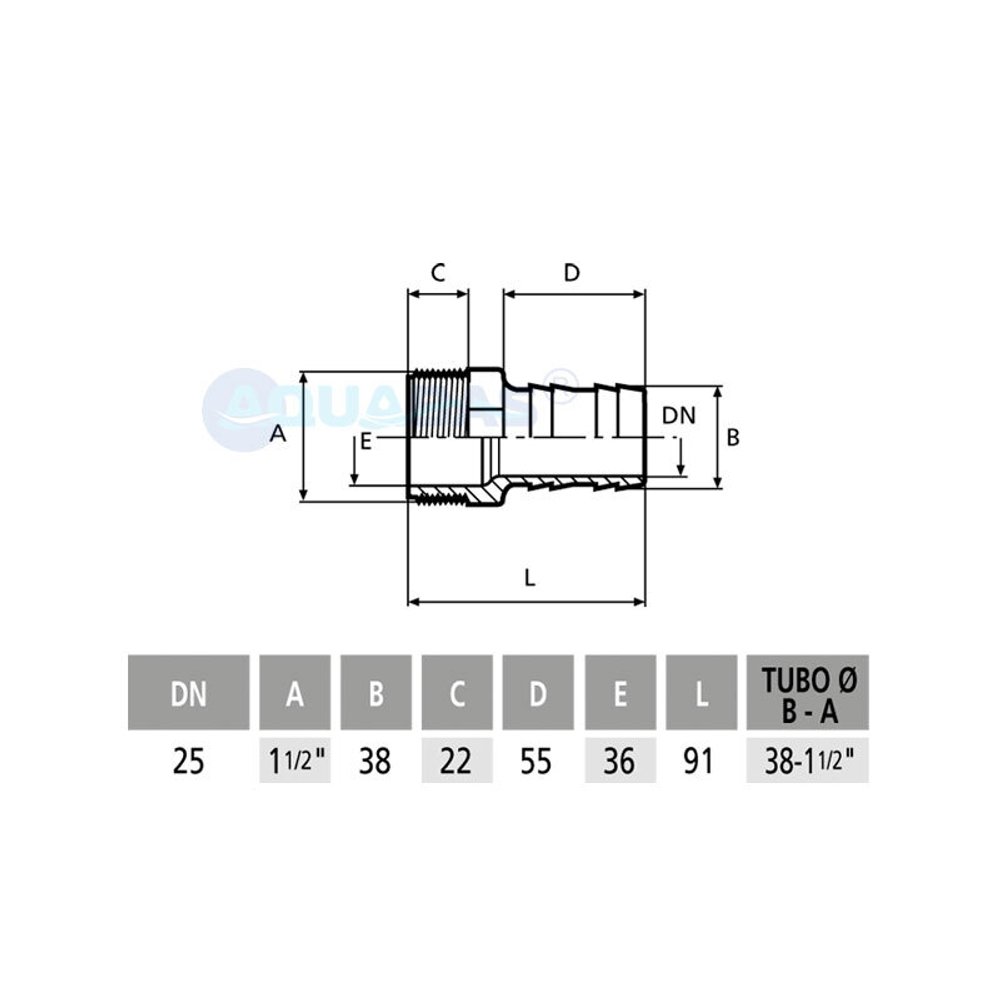 Штуцерное соединение ПВХ 38 мм-1 1/2" НР Aquaram (7134050)