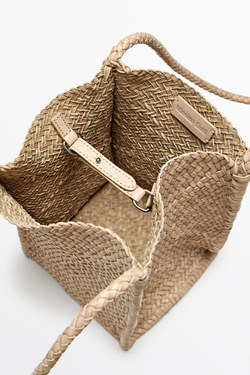 Massimo Dutti Плетеная сумка-ведро из кожи наппа, натуральный