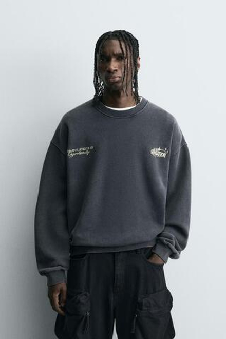 ZARA ТОЛСТОВКА С КОМБИНИРОВАННЫМ ПРИНТОМ, ТЕМНЫЙ АНТРАЦИТ