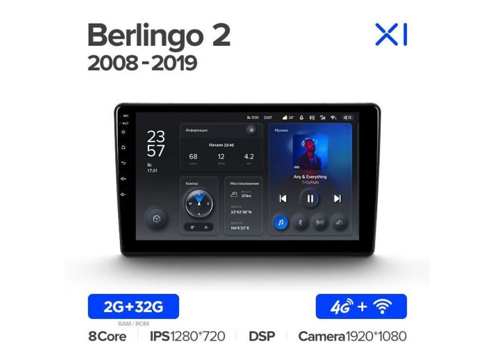 Магнитола Teyes X1 2-32 Wi-Fi + 4G Citroen Berlingo 2 B9 2008 — 2019 9.0&quot;