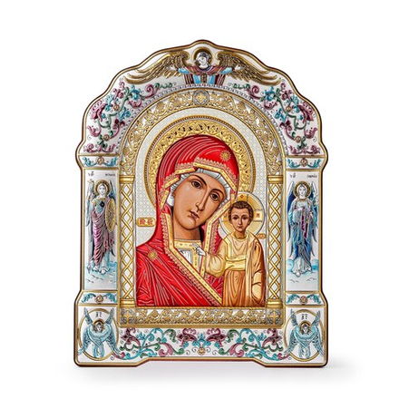 Казанская БМ, икона арочная с рамкой под стеклом, красное дерево,эмаль 266х335