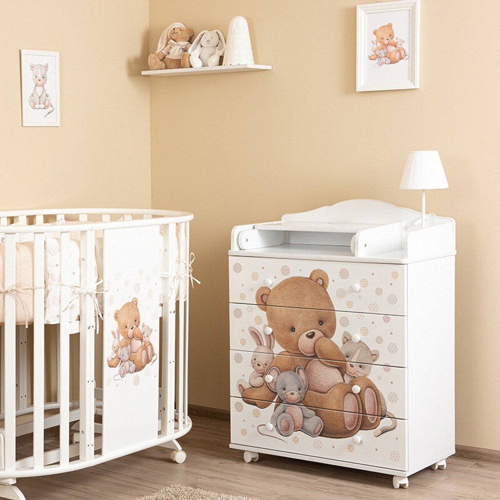 Кроватка-трансформер овальная Vikalex Мишкина Компания с маятником белый