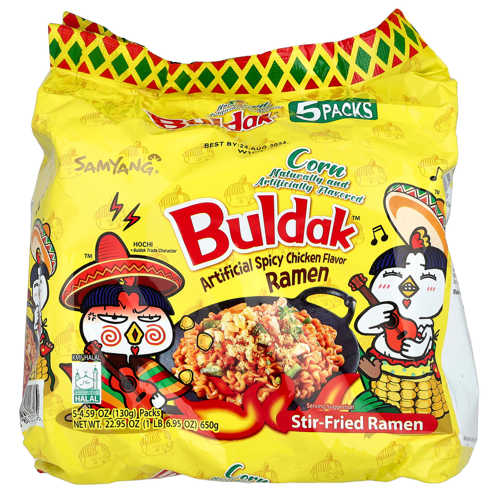 Buldak, Buldak ™, жареный рамен, кукуруза, искусственная пряная курица, 5 пакетиков по 130 г (4,59 унции)