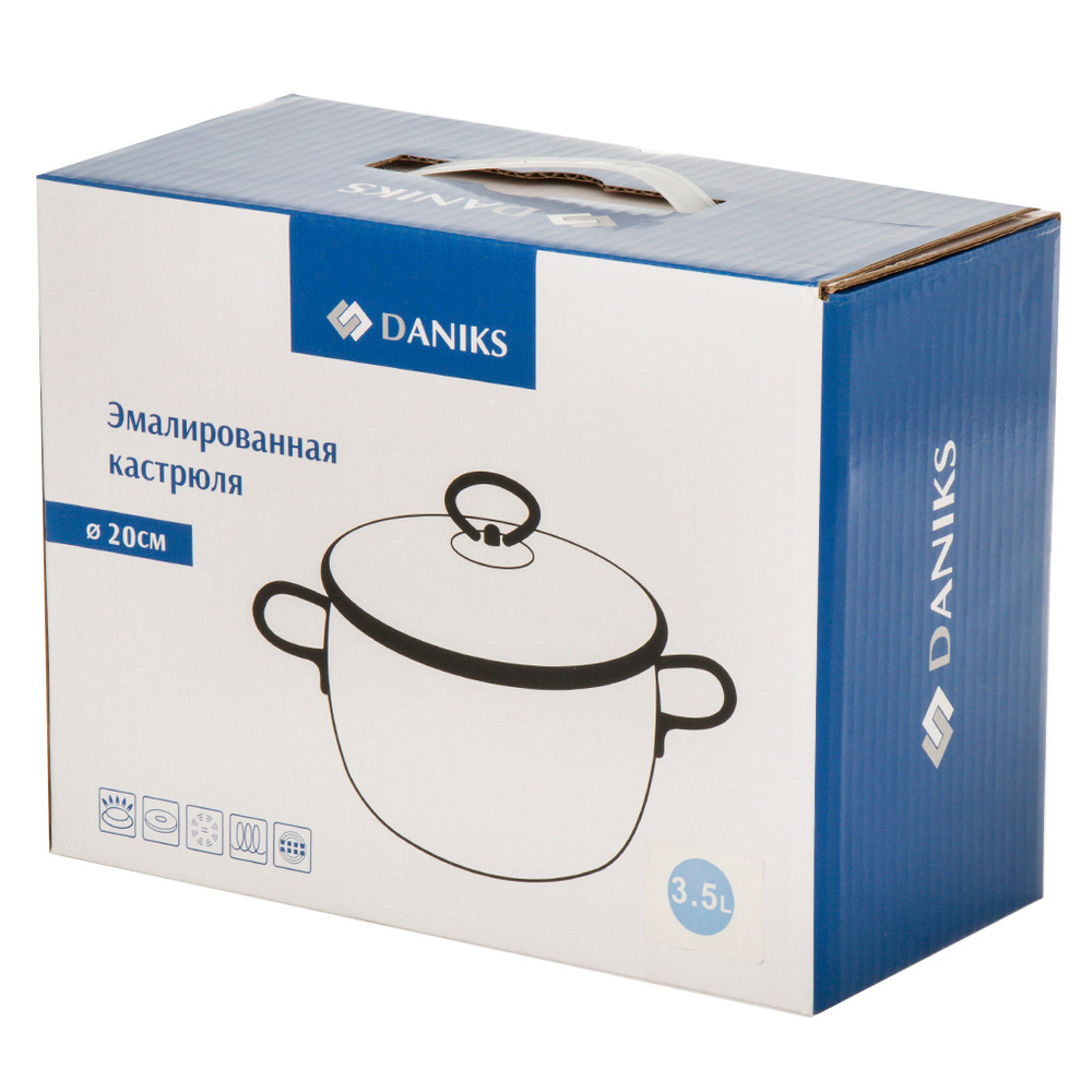 Кастрюля эмал сталь, 3.5 л, с крыш, крыш стекло, Daniks, Белый мрамор, Y4-8964, индукц
