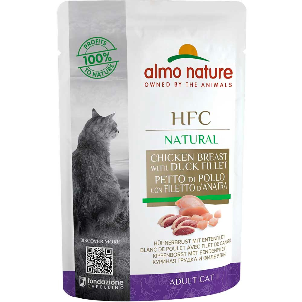 Almo Nature консервы для кошек "HFC Natural" с куриной грудкой и утиным филе (55% мяса) 55 г пакетик