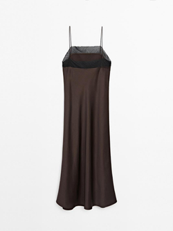 Massimo Dutti Платье миди из струящейся ткани с кружевом, шоколадный