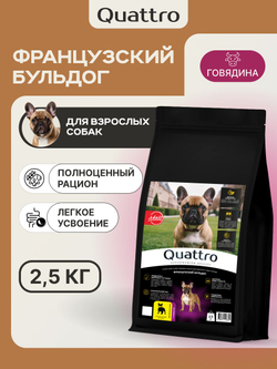 Корм сухой для взрослых собак породы Французский бульдог, с говядиной, 2,5 кг, QUATTRO