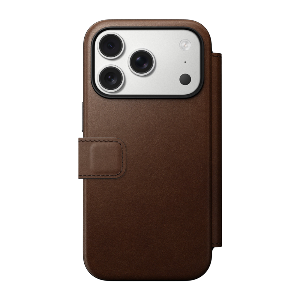 Кожаный чехол-книжка MagSafe Nomad Modern Leather Folio для iPhone 17 Pro Гибридный укреплённый чехол из натуральной цельнозерновой кожи с сенсорной накладкой для Контроллера камеры. Есть отделение для купюр и встроенный картхолдер — вмещает до трёх карт