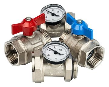 Комплект шаровых кранов Stout 1" с термометрами для коллектора SMS-1000-030001