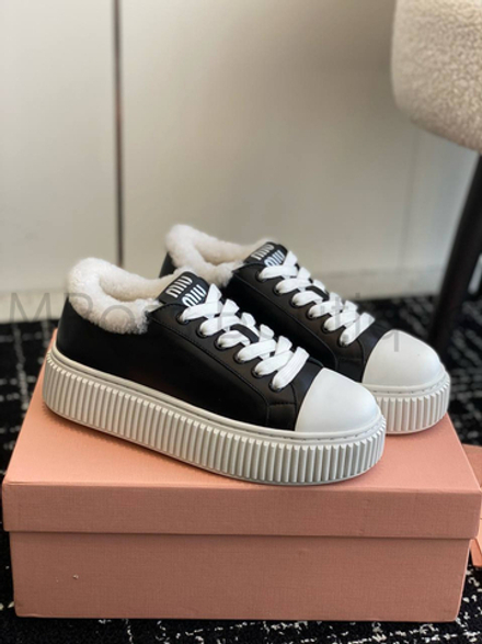 Черные кожаные кеды Miu Miu с мехом