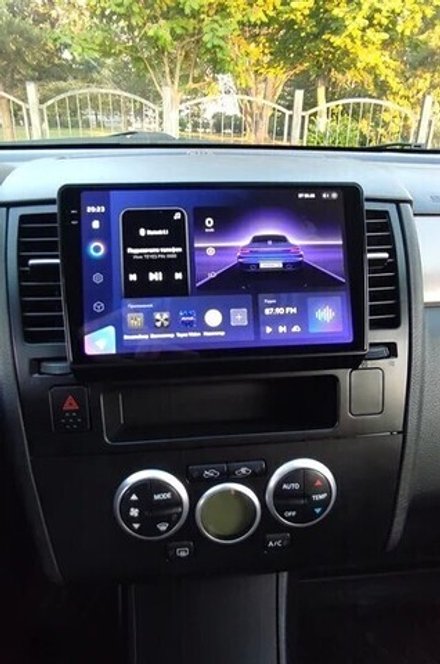 Магнитола для Nissan Tiida C11 2004-2013 (климат с круглым экранчиком, рамка черная) - FarCar GX9-1148CLB монитор 9.5" 2K QLED на Android 14, TS20, 6+128Гб, CarPlay, 4G SIM-слот