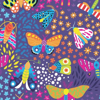 бабочки в цветах (фиолетовый фон)