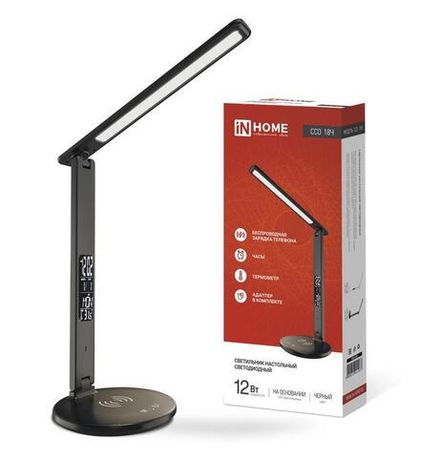 Светильник светодиодный настольный ССО 18Ч 12Вт 3-6.5К 600лм сенсор-диммер часы темп. беспроводн. зарядка с адаптером черн. IN HOME 4690612041087