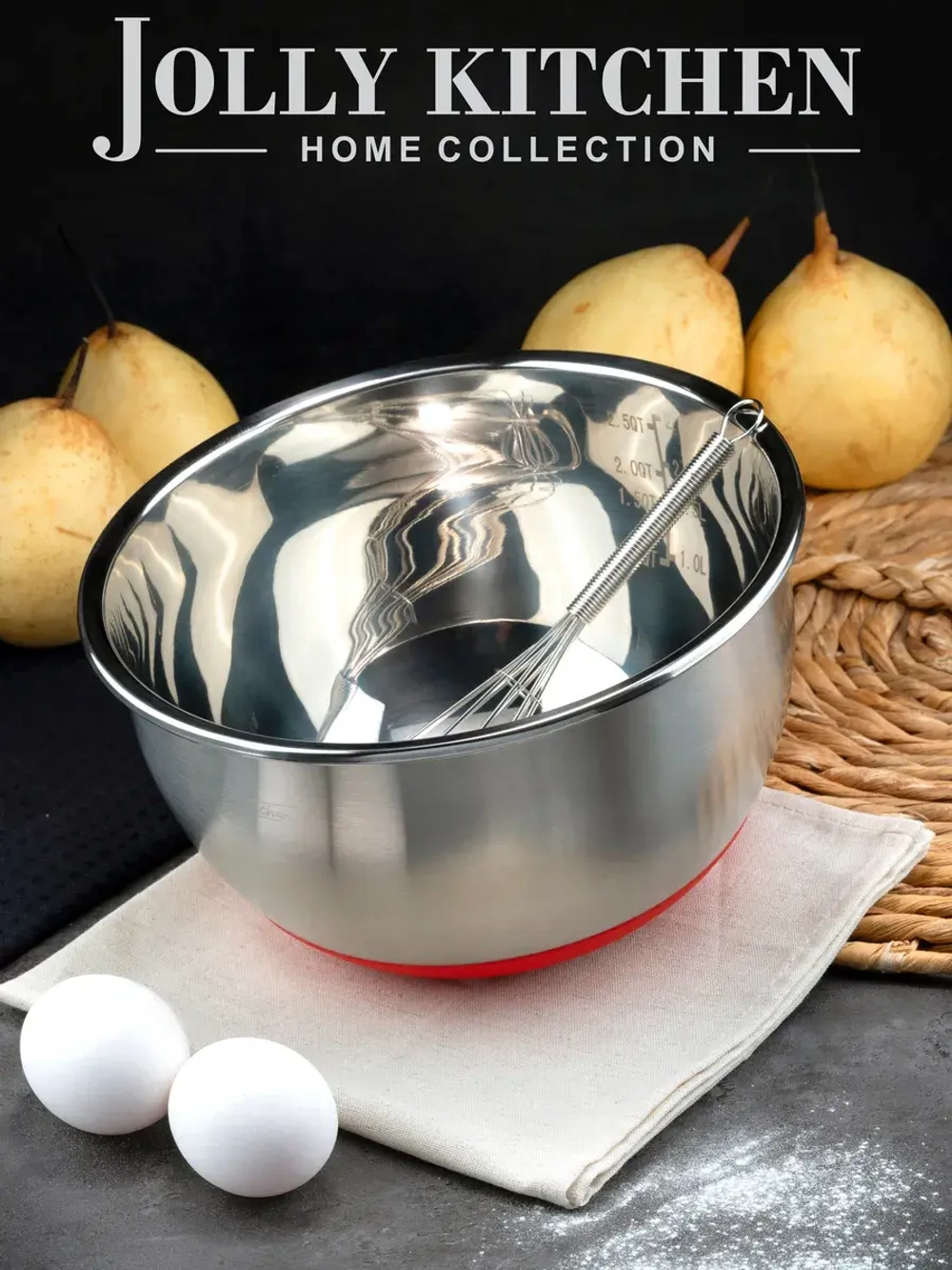 Миска Jolly Kitchen с крышкой, красная, 24 см, нержавеющая сталь 0,5 мм, объем 3,6 л