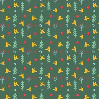 Лисы, ёлки и грибы на зеленом