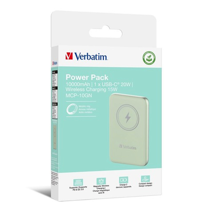 Портативный аккумулятор Verbatim Charge‘n’Go Power Bank 10000 мАч с беспроводной зарядкой, зелёный