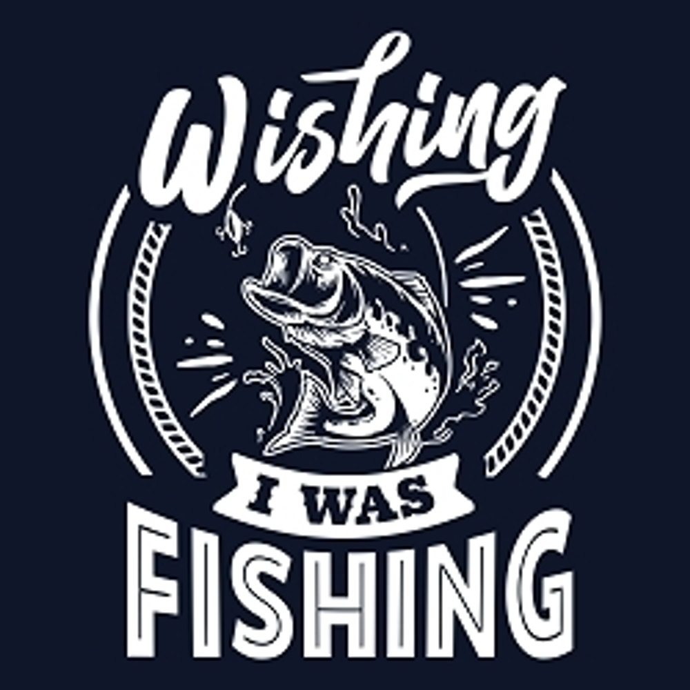 принт PewPewCat  Wishing I was fishing белый на темно-синей футболке