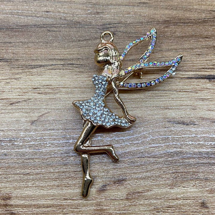 Брошь-подвеска Фея в коротком платье стразы серебристые хамелеон металл золотистый