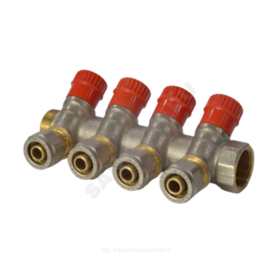 Коллектор латунь 3/4" ВР/НР на 4 вых Дн16 м/о 35мм обжим с регулирующими клапанами, красные ручки для мп 7018 Aquasfera 7018-03