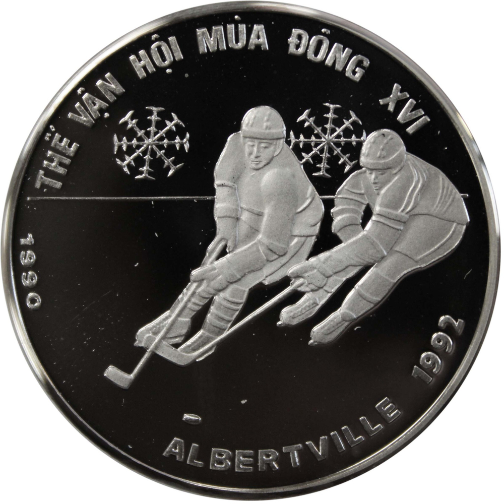 100 донгов. XVI зимние Олимпийские Игры в Альбервиле. Вьетнам. Серебро. 1990 год. PROOF