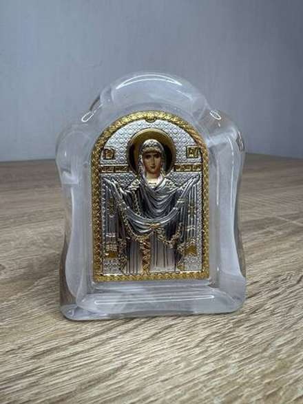 Покрова БМ, икона арочная, белое муранское стекло 65х85