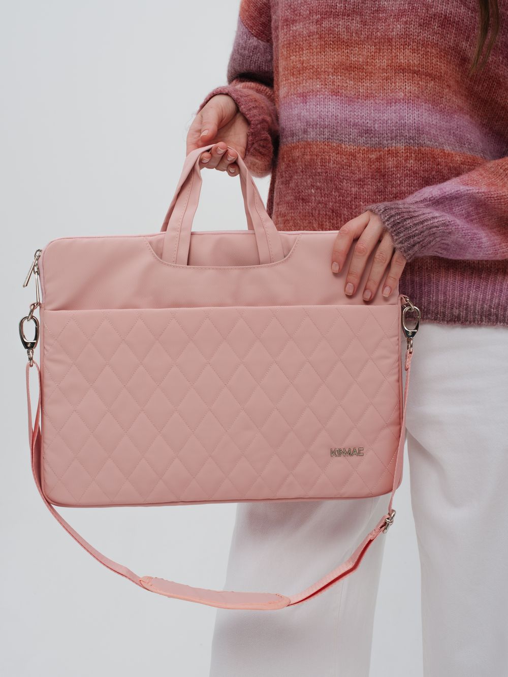 Легкая сумка для ноутбука 14" и 15,6" с карманом и ремнем на плечо (Стеганый розовый)
