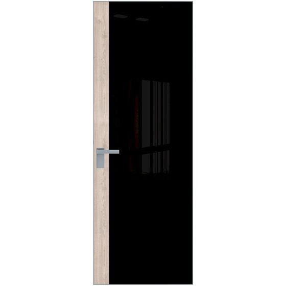 Алюминиевая дверь 6AGК кромка серебро стекло чёрный лак вставка дуб сонома