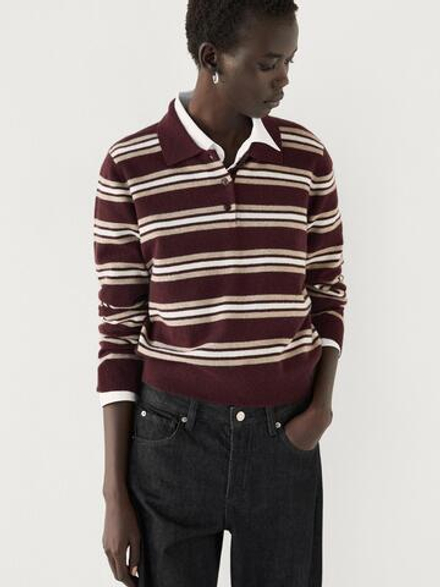 Massimo Dutti Свитер поло из 100% кашемира в полоску, цвет бургундского вина