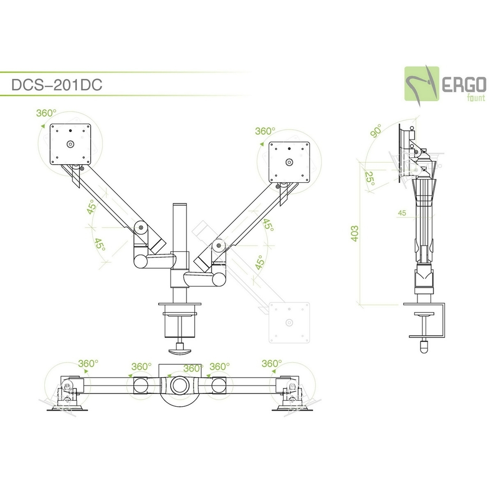 ErgoFount DCS-201DC Шарнирное настольное крепление для 2 мониторов диагональю до 27'' с газово-пружинным амортизатором и зажимом к столу типа "С". Цвет - серебристый