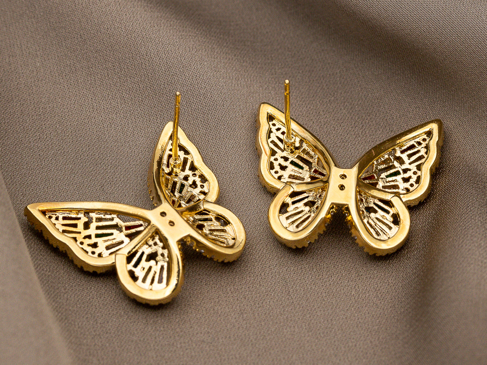 Серьги "Бабочки". 28мм, с цветными стразами