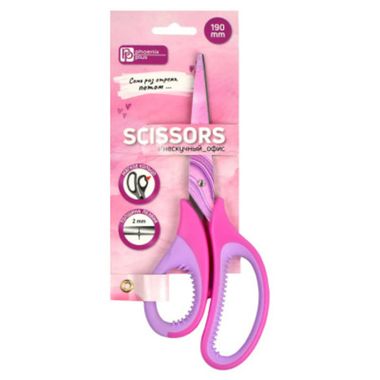 Ножницы офисные Феникс+, арт.64529/ 12 МРАМОР (розовый, сиреневый, 19 см, длина лезвия: 7,7 см, нержавеющая сталь, асимметричные, универсальные, картонная подложка с европодвесом)