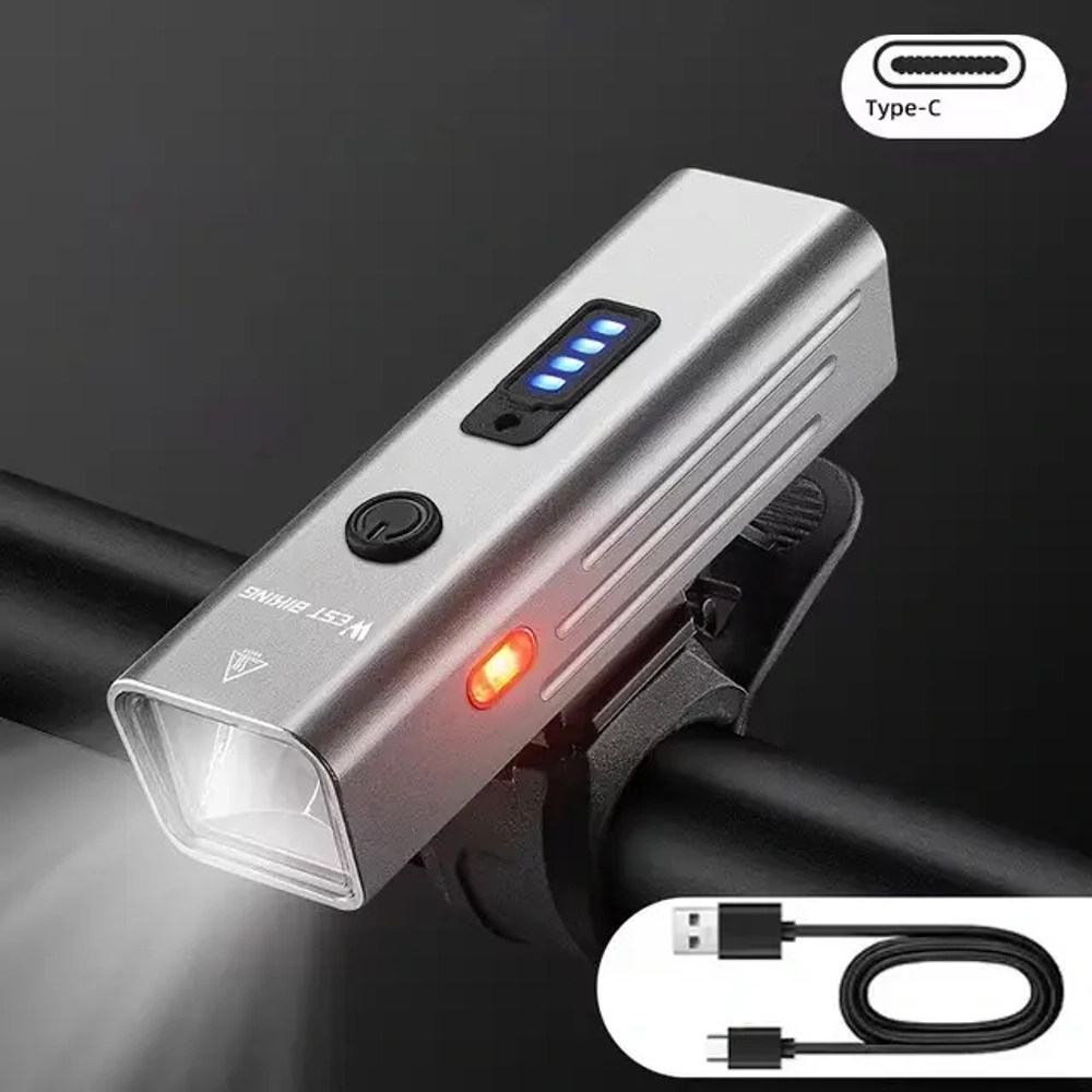 Фонарь велосипедный, передний West Biking YP0701416 Silver (аккум. 1800 mAh, Tape-C)