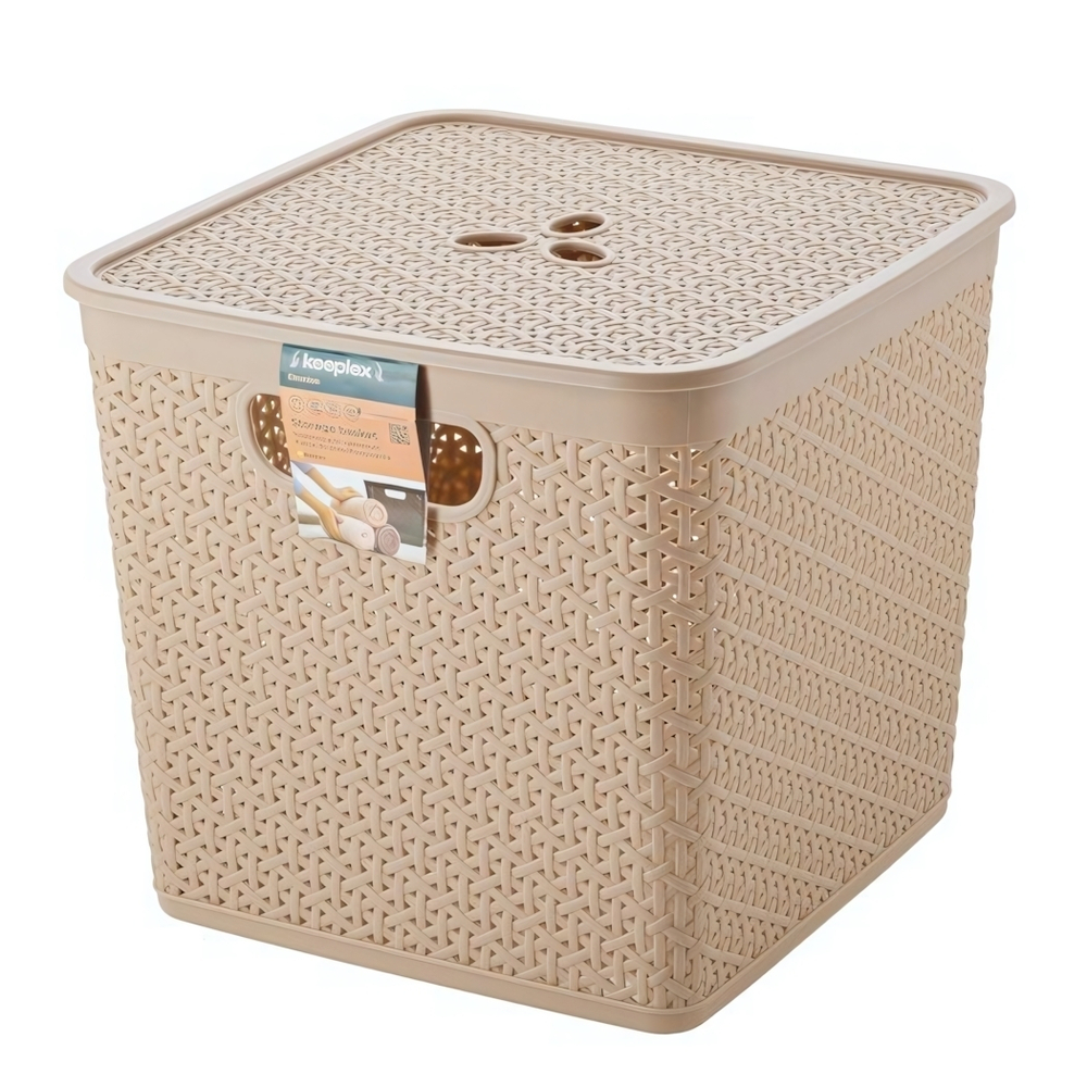 Корзина для хранения Keeplex Rattan со съемной крышкой 21л квадратная 31х31х28см морской песок