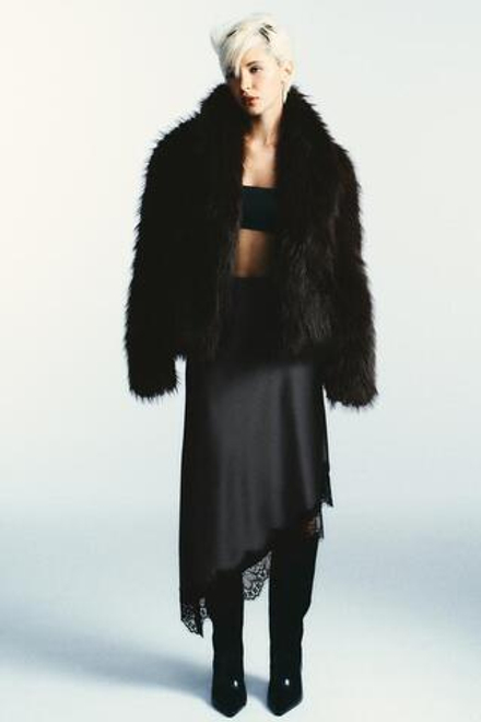 ZARA АТЛАСНАЯ ЮБКА С КРУЖЕВОМ, ТЕМНО-СЕРЫЙ