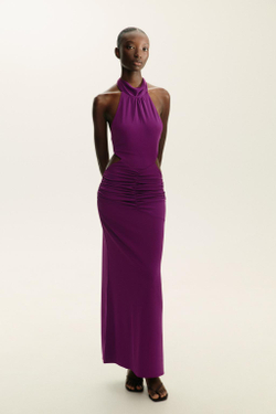 ZARA ДЛИННОЕ ПЛАТЬЕ-ХАЛТЕР СО СБОРКАМИ, ТЕМНО-ЛИЛОВЫЙ