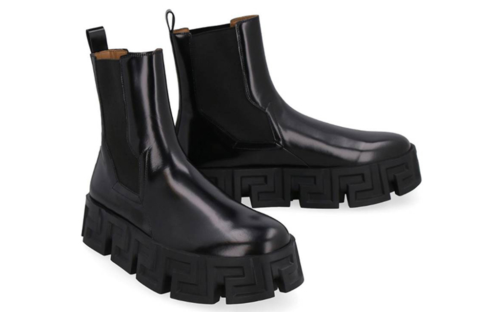 VERSACE Calfskin Short Chelsea Boots Men"s Black
