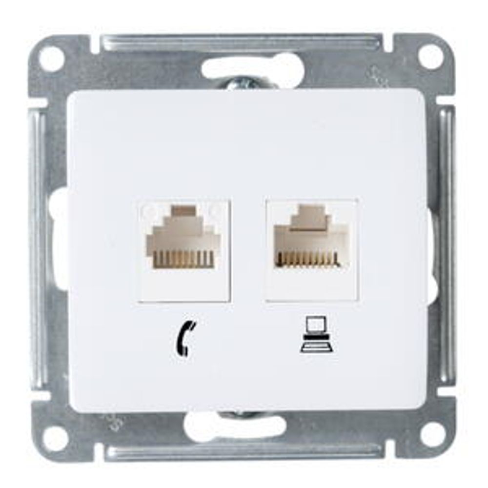 Schneider Electric Glossa Белый Розетка 2-местная RJ11+RJ45, категория 5E механизм IP20 скрытая установка GSL000185