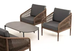 "Канны" лаунж-зона 4-местная из роупа со столом "Верона" (серый гранит), каркас алюминиевый коричневый, роуп коричневый