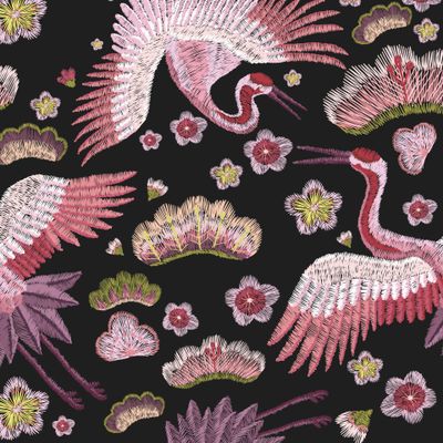 Имитация вышивки. Журавли и цветы